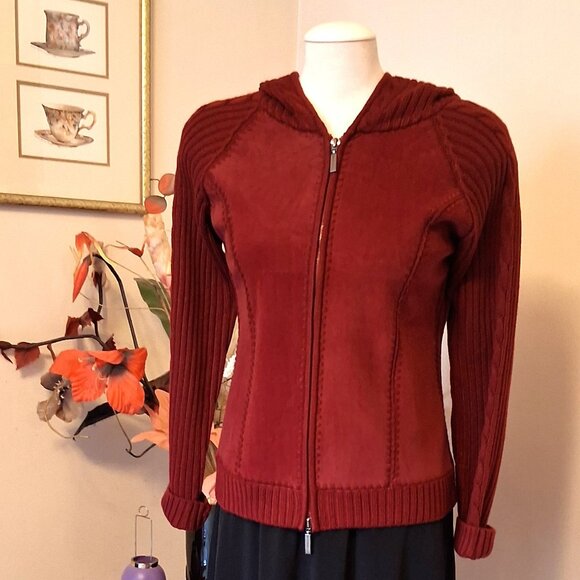 NWT Women's Wine Red Burgundy Zip-Up Hooded Cardigan Knitwear Sweater 6 S - Picture 6 of 9
